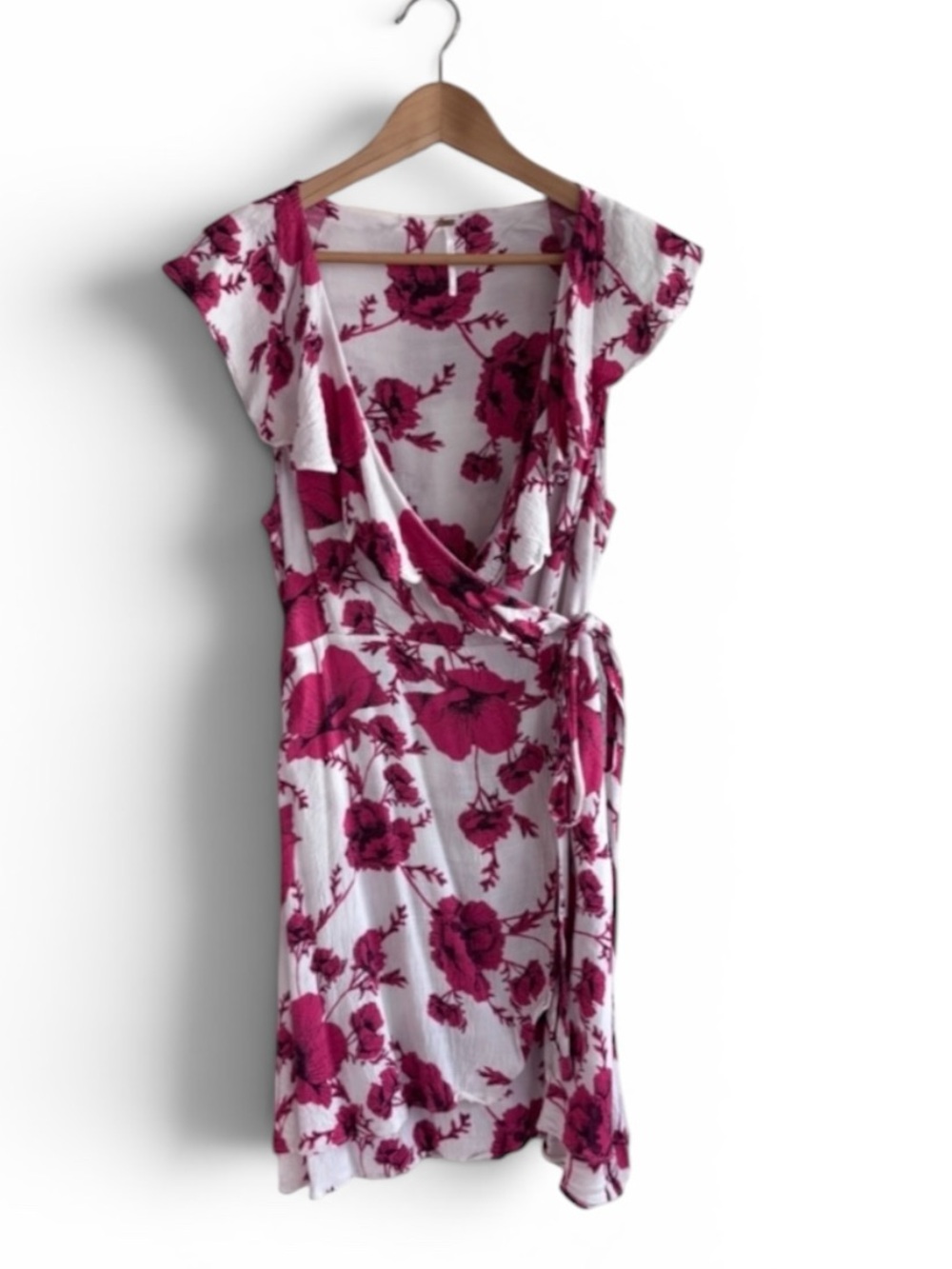 Free People French Quarter Wrap Dress Pink Floral Ruffle Boho Mini Cottagecore L - Picture 6 of 10
